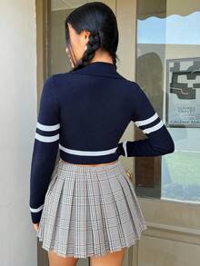 SHEIN EZwear 字母圖案條紋飾邊短款毛衣 - 藍色 - 查看 2