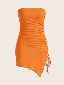 SHEIN ICON Drawstring Side Lettuce Trim Asymmetrical Hem Tube Bodycon Dress - Orange - View 1