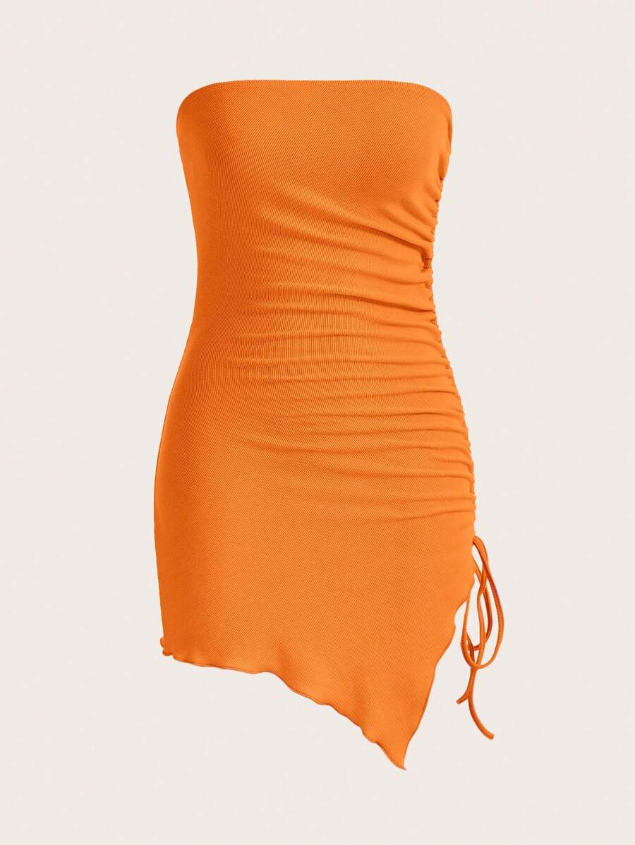 SHEIN ICON Drawstring Side Lettuce Trim Asymmetrical Hem Tube Bodycon Dress - Orange - View 1