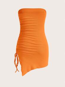 SHEIN ICON Drawstring Side Lettuce Trim Asymmetrical Hem Tube Bodycon Dress - Orange - View 2