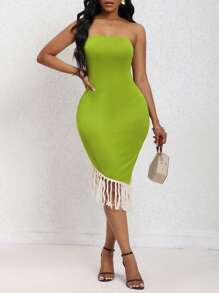 SHEIN SXY 休閒流蘇撞色女士連衣裙 - 綠色 - 查看 1