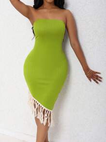 SHEIN SXY 休閒流蘇撞色女士連衣裙 - 綠色 - 查看 4