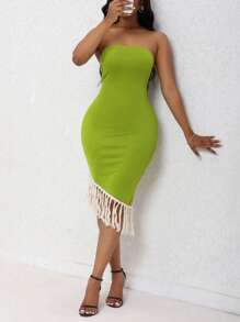 SHEIN SXY 休閒流蘇撞色女士連衣裙 - 綠色 - 查看 5