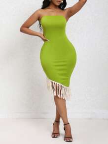 SHEIN SXY 休閒流蘇撞色女士連衣裙 - 綠色 - 查看 6
