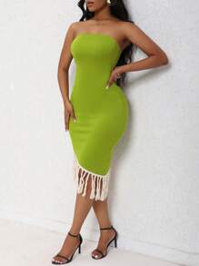 SHEIN SXY 休閒流蘇撞色女士連衣裙 - 綠色 - 查看 7