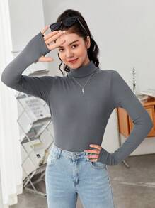 SHEIN Solid Color Teen Girls' Casual Long Sleeve T-Shirt With Mock Neck - Dark Grey - View 1