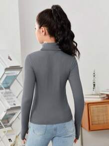 SHEIN Solid Color Teen Girls' Casual Long Sleeve T-Shirt With Mock Neck - Dark Grey - View 2