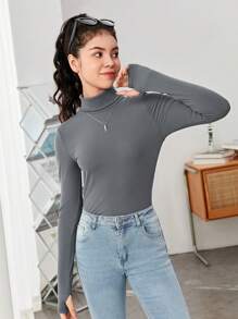 SHEIN Solid Color Teen Girls' Casual Long Sleeve T-Shirt With Mock Neck - Dark Grey - View 3