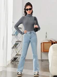 SHEIN Solid Color Teen Girls' Casual Long Sleeve T-Shirt With Mock Neck - Dark Grey - View 4