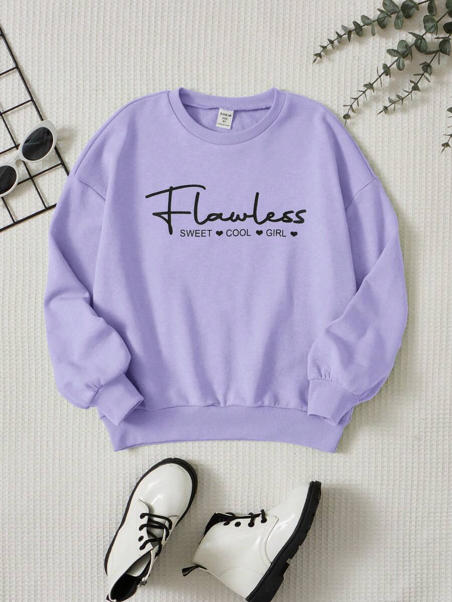 SHEIN Tween Girl Letter Graphic Drop Shoulder Sweatshirt - Lilac Purple - View 1