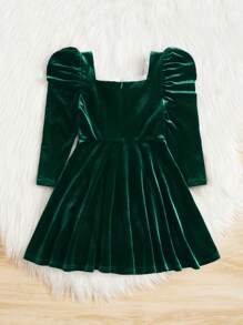 Cô Gái Trẻ Cổ vuông Tay áo Trang trí ren Nhung Đầm - Màu xanh lá cây đậm - Xem 2