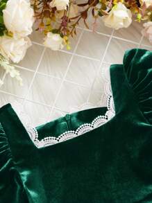 Cô Gái Trẻ Cổ vuông Tay áo Trang trí ren Nhung Đầm - Màu xanh lá cây đậm - Xem 3