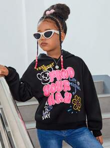 SHEIN Leap Crew Bluza z nadrukiem i napisem "Tween Girl" z opadającymi ramionami, na jesień/zimę - Czarne - Zobacz 4