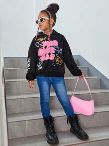 SHEIN Leap Crew Bluza z nadrukiem i napisem "Tween Girl" z opadającymi ramionami, na jesień/zimę - Czarne - Zobacz 5