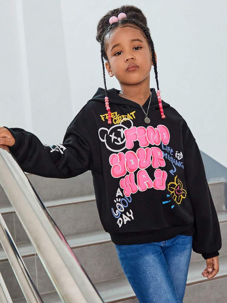 Tween Girl Cartoon & Slogan Graphic Drop Shoulder Sweatshirt,In Fall/Winter