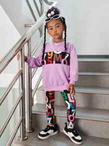 SHEIN Leap Crew Young Girl Letter Graphic Drop Shoulder Pullover & Leggings - Lilac Purple - View 2