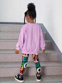 SHEIN Leap Crew Young Girl Letter Graphic Drop Shoulder Pullover & Leggings - Lilac Purple - View 6
