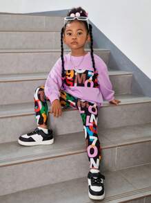 SHEIN Leap Crew Young Girl Letter Graphic Drop Shoulder Pullover & Leggings - Lilac Purple - View 3