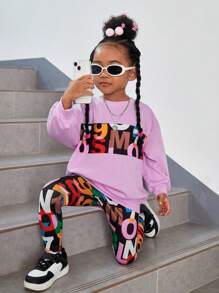 SHEIN Leap Crew Young Girl Letter Graphic Drop Shoulder Pullover & Leggings - Lilac Purple - View 4