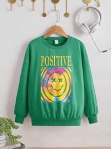 SHEIN Chica preadolescente Pullover con estampado de dibujos animados y letra de hombros caídos - Verde - Ver 1