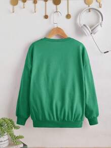 SHEIN Chica preadolescente Pullover con estampado de dibujos animados y letra de hombros caídos - Verde - Ver 2