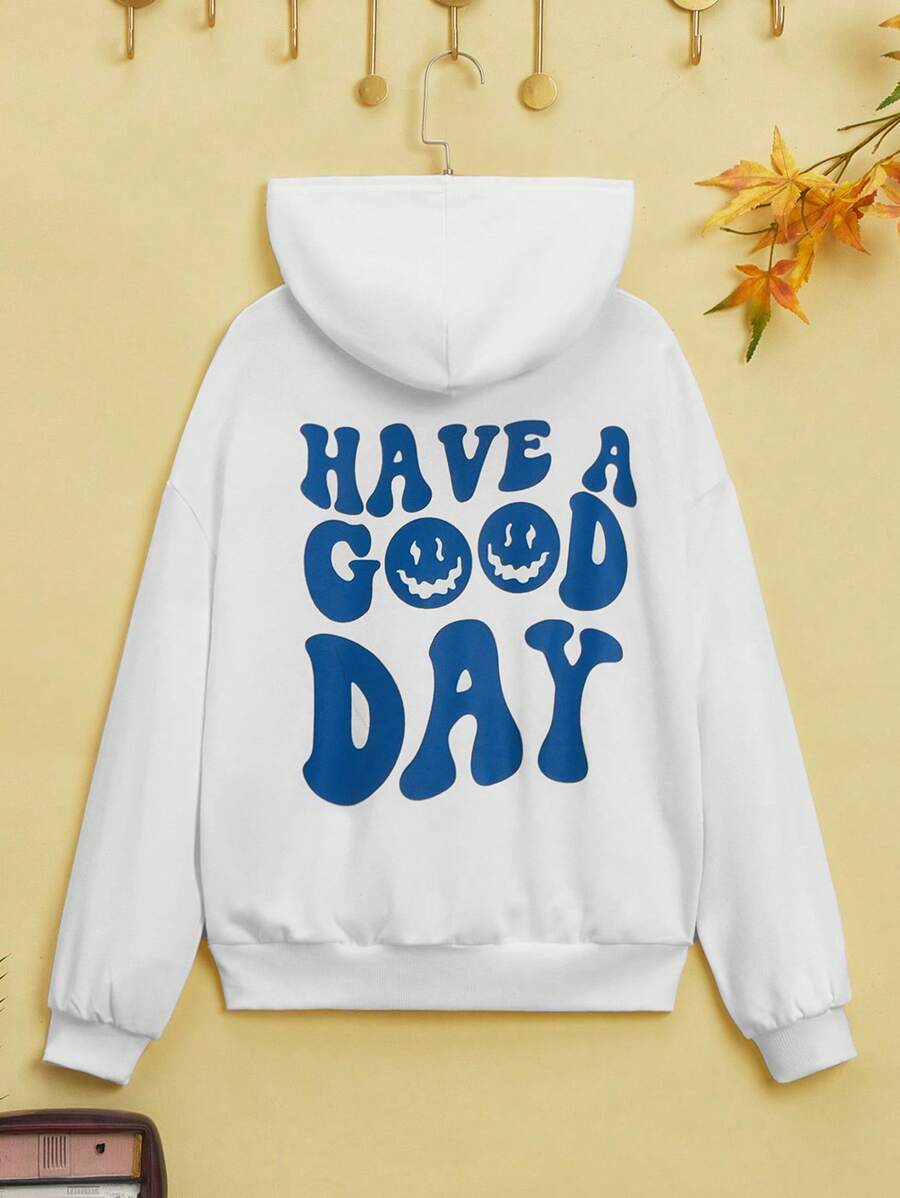 SHEIN 少女标语卡通图案落肩卫衣 - 白色 - 查看 1