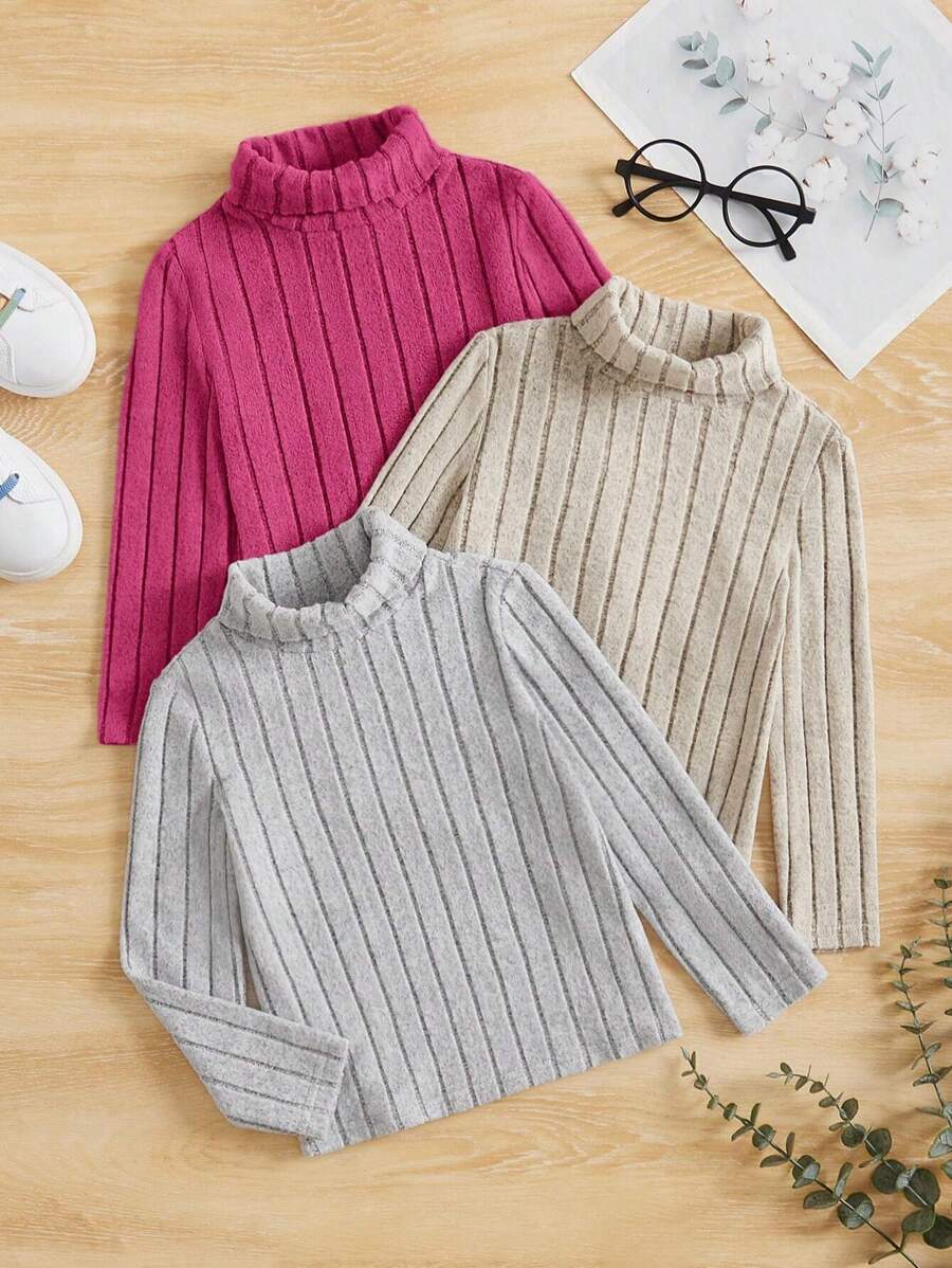 SHEIN Leap Crew Young Girl 3pcs Turtle Neck Ribbed Knit Tee - Hot Pink - View 1