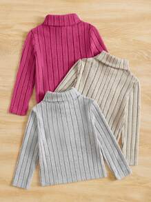 SHEIN Leap Crew Young Girl 3pcs Turtle Neck Ribbed Knit Tee - Hot Pink - View 2