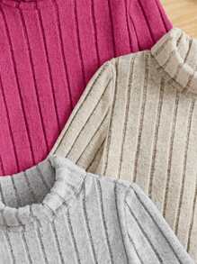 SHEIN Leap Crew Young Girl 3pcs Turtle Neck Ribbed Knit Tee - Hot Pink - View 4