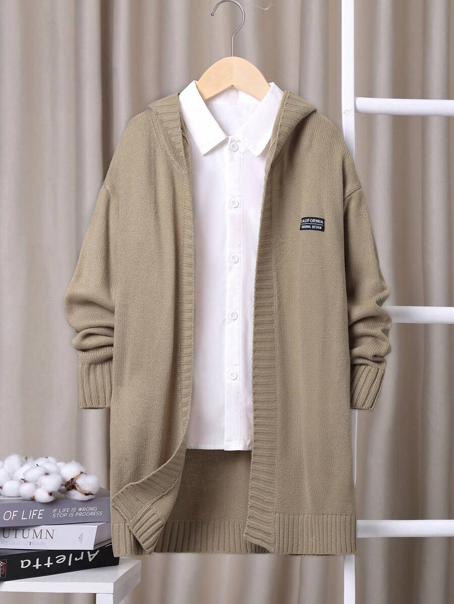 SHEIN 男大童字母貼布落肩袖連帽開襟開衫無襯衫 - 卡其色 - 查看 1