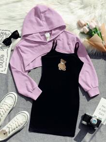 SHEIN 女大童超短款連帽衫&小熊印花吊帶洋裝 - 紫丁香色 - 查看 1