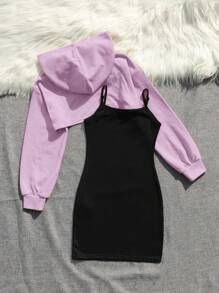 SHEIN 女大童超短款連帽衫&小熊印花吊帶洋裝 - 紫丁香色 - 查看 2