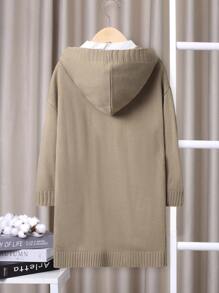 SHEIN 男大童字母貼布落肩袖連帽開襟開衫無襯衫 - 卡其色 - 查看 2