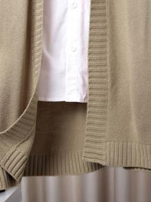 SHEIN 男大童字母貼布落肩袖連帽開襟開衫無襯衫 - 卡其色 - 查看 3