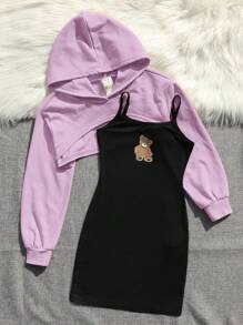 SHEIN 女大童超短款連帽衫&小熊印花吊帶洋裝 - 紫丁香色 - 查看 4