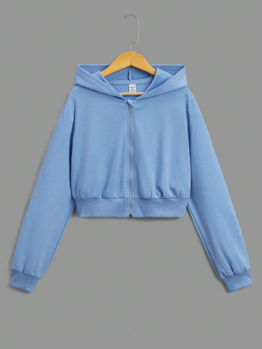 SHEIN Leap Crew 青少女純色休閒連帽拉鍊衫 - 淺藍色 - 查看 1