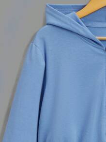 SHEIN Leap Crew 青少女純色休閒連帽拉鍊衫 - 淺藍色 - 查看 3