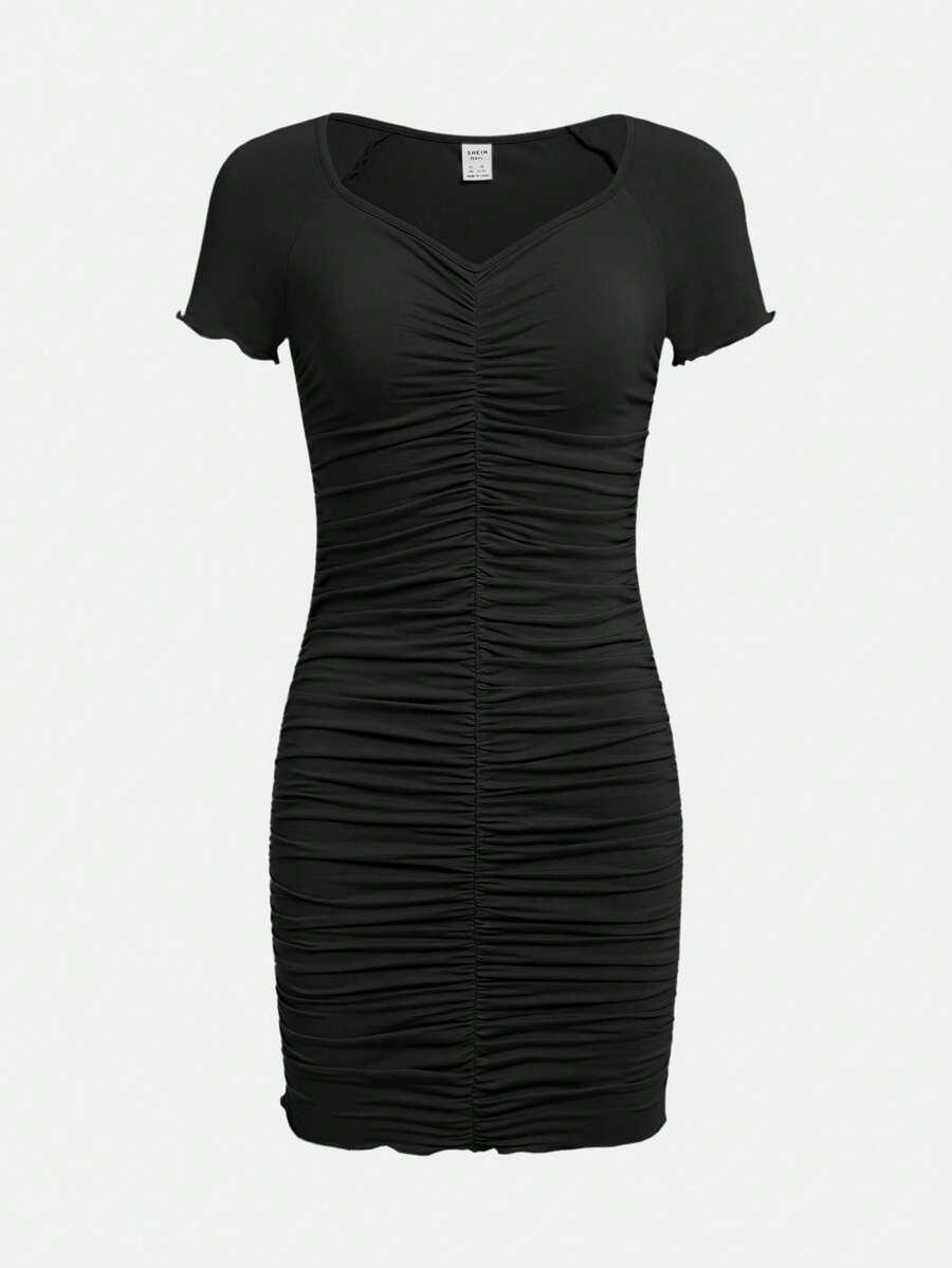 SHEIN Teen Girl Ruched Front Lettuce Trim Dress - Black - View 1