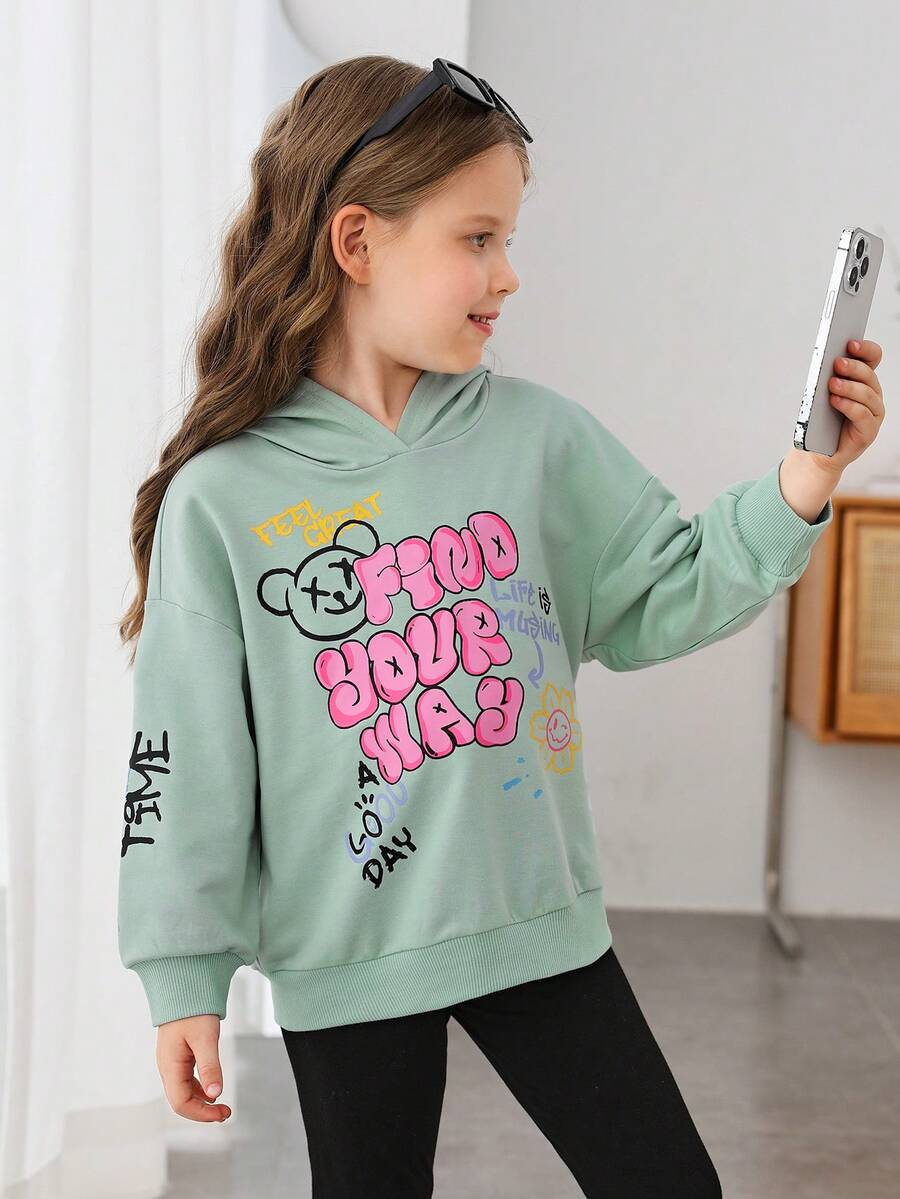 SHEIN 年轻女孩标语和卡通图案落肩卫衣 - 薄荷綠 - 查看 1