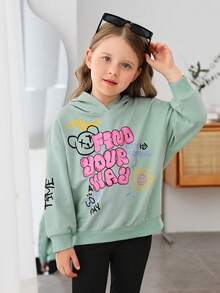 SHEIN 年轻女孩标语和卡通图案落肩卫衣 - 薄荷綠 - 查看 3