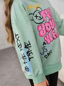 SHEIN 年轻女孩标语和卡通图案落肩卫衣 - 薄荷綠 - 查看 5
