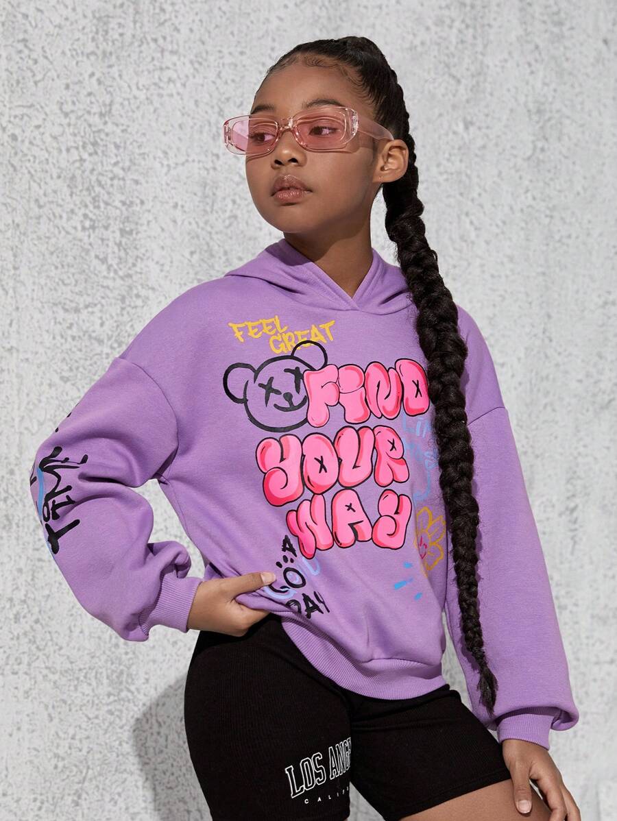 SHEIN Tween Girl Bear & Slogan Graphic Drop Shoulder Sweatshirt - Lilac Purple - View 1