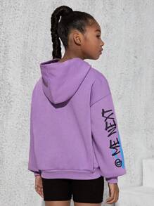 SHEIN Tween Girl Bear & Slogan Graphic Drop Shoulder Sweatshirt - Lilac Purple - View 2