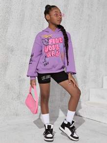 SHEIN Tween Girl Bear & Slogan Graphic Drop Shoulder Sweatshirt - Lilac Purple - View 3