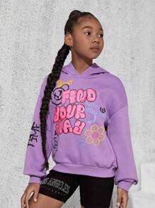 SHEIN Tween Girl Bear & Slogan Graphic Drop Shoulder Sweatshirt - Lilac Purple - View 4