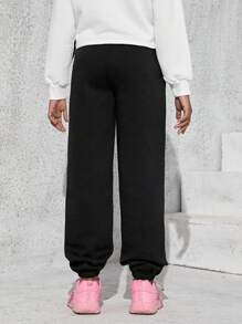 SHEIN Quần Jogger dây rút thông thường Tween Girl màu trơn, thích hợp cho mùa thu đông, thiết kế hoạt hình và chữ cái - màu đen - Xem 2