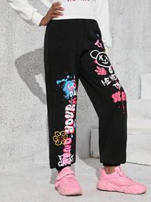 SHEIN Quần Jogger dây rút thông thường Tween Girl màu trơn, thích hợp cho mùa thu đông, thiết kế hoạt hình và chữ cái - màu đen - Xem 3