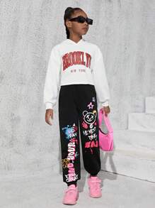 SHEIN Quần Jogger dây rút thông thường Tween Girl màu trơn, thích hợp cho mùa thu đông, thiết kế hoạt hình và chữ cái - màu đen - Xem 4