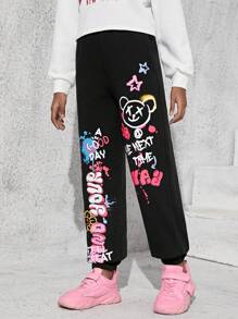 SHEIN Quần Jogger dây rút thông thường Tween Girl màu trơn, thích hợp cho mùa thu đông, thiết kế hoạt hình và chữ cái - màu đen - Xem 5