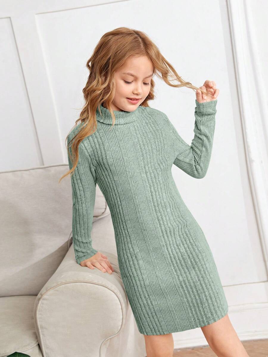 SHEIN Tween Girl High Neck Ribbed Knit Dress - Mint Green - View 1